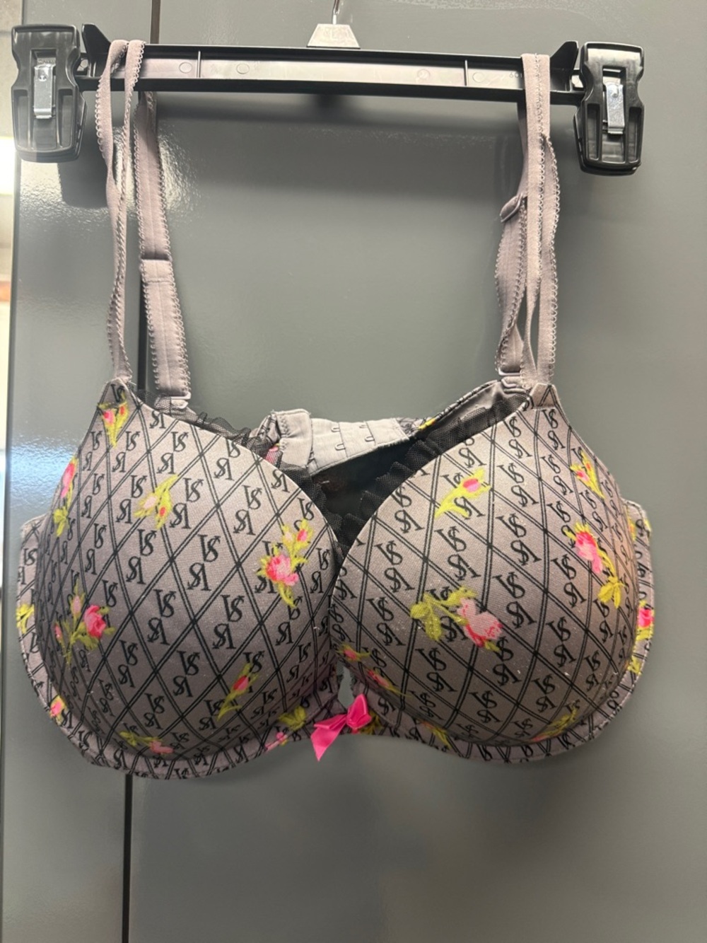 Victoria's Secret Gray Logo Floral T-Shirt Bra with Pink Accents